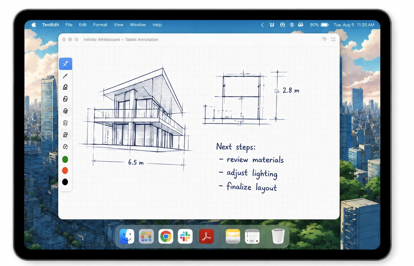 Illustrative Android tablet displaying a Mac whiteboard with a building sketch